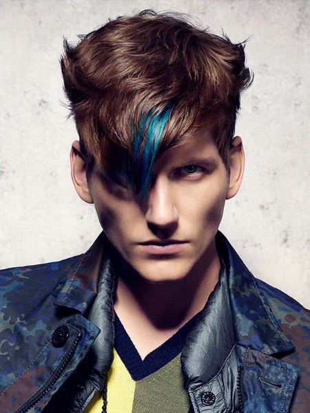 Short brown hair with a blue streak for men