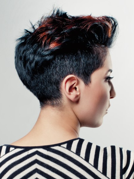 Short black hair with copper highlights