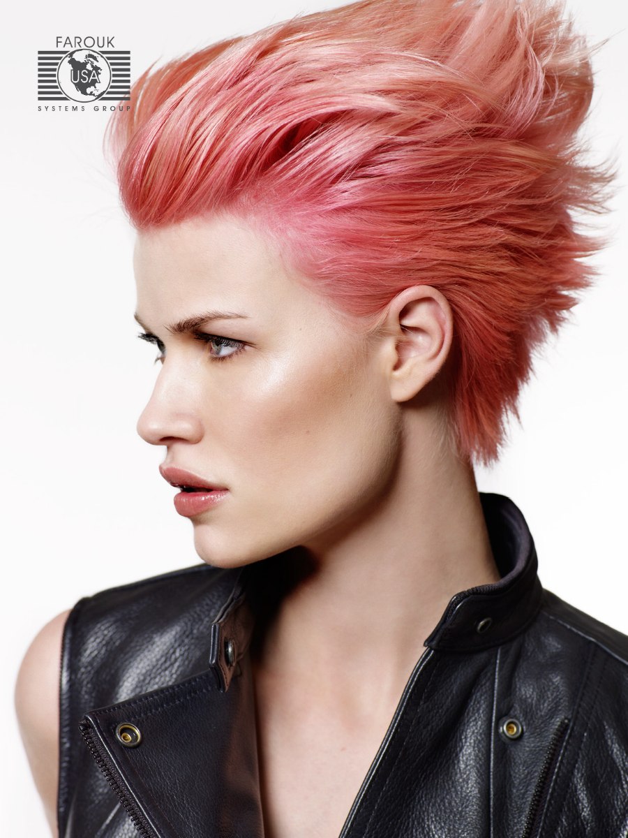 Short hair with a rose color worn punky or with the hair 