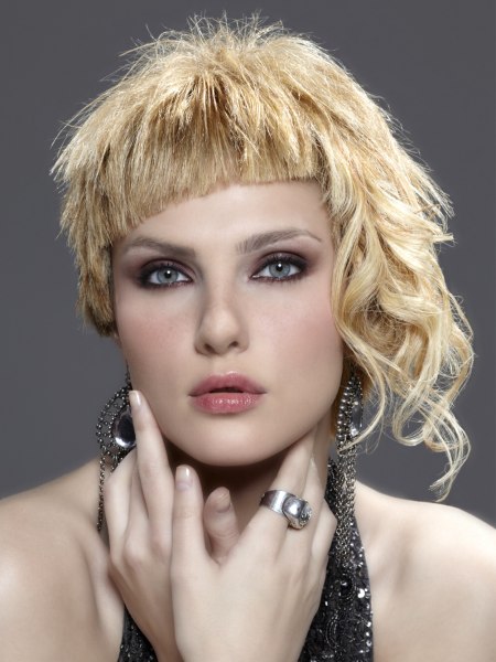 Modern short haircut with slanted bangs