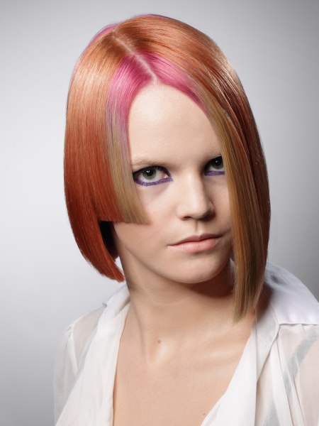 Bob cut with a sharp angle and unusual hair colors