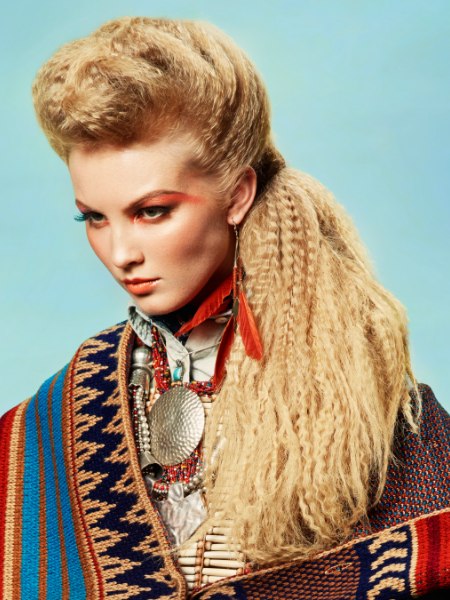 Semi updo with mid-back long crimped hair