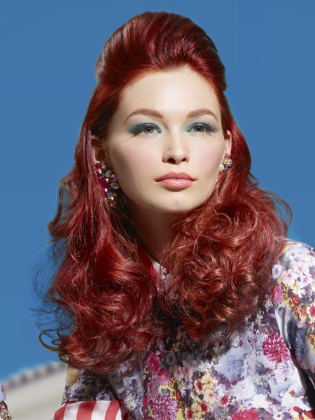 Long red hair with a pinned-up fringe