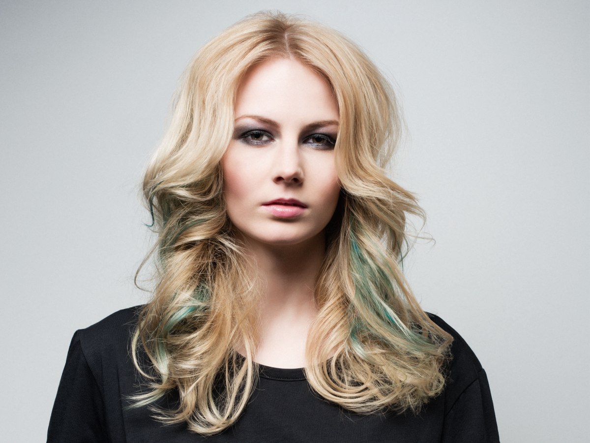 Long Blonde Hair With Emerald Green Color Effects