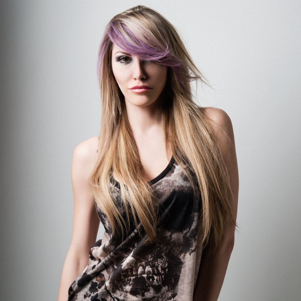 Blonde Hair With A Purple Streak In The Side Fringe