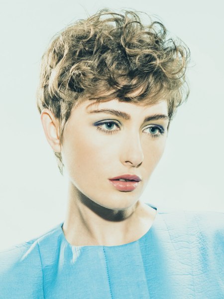 Short hair with a sleek back and curly crown