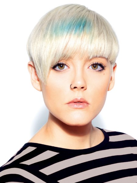 Contemporary blonde hair with a blue color accent