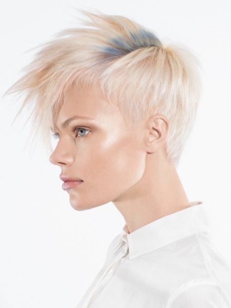 Short blonde hair with a blue color accent
