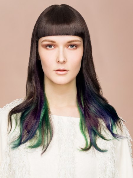 Long hair with green and purple strands