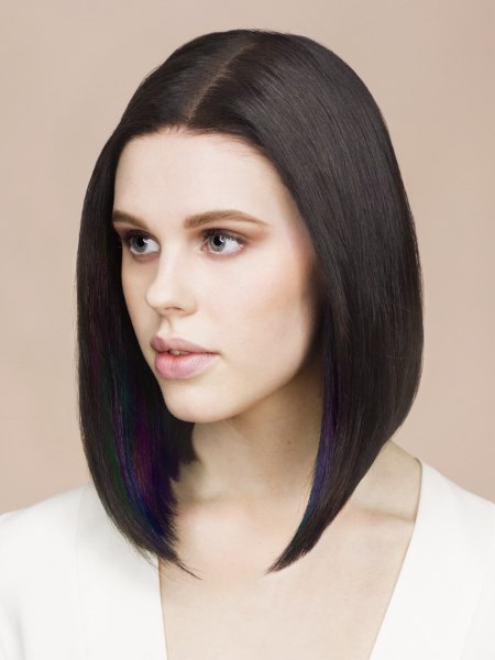 Angled bob for dark hair with blue and purple stripes