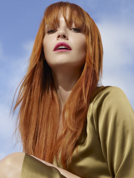 Long red hair with bangs