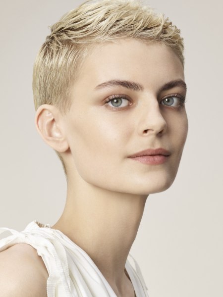 Very short blonde pixie cut