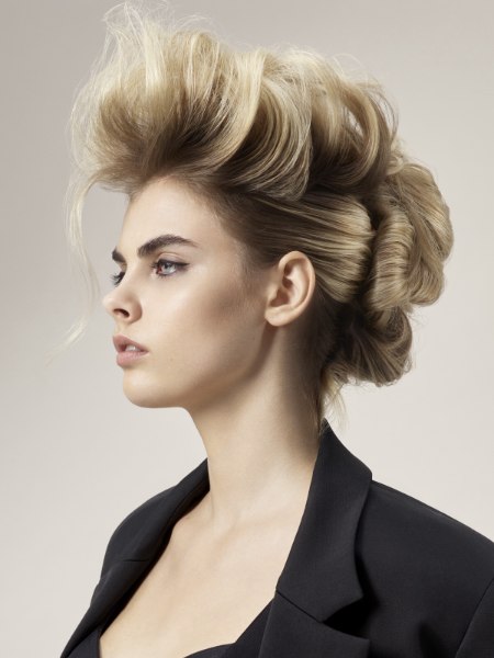 Hair styled in a wild updo