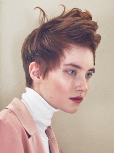 Pixie cut with volume paired with a turtleneck
