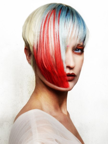 Colorful bowl cut with bold bangs covering half of the face