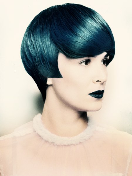 Short black hair with a blue sheen and visible earlobes
