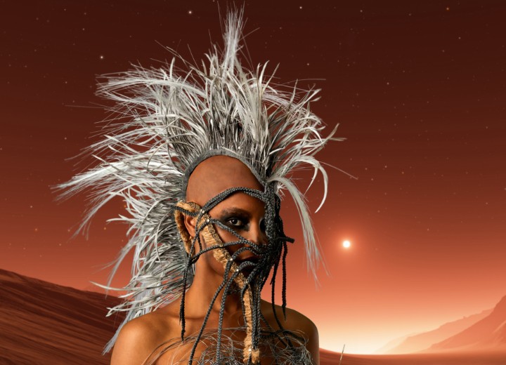 Futuristic bald woman with a Mohawk headdress