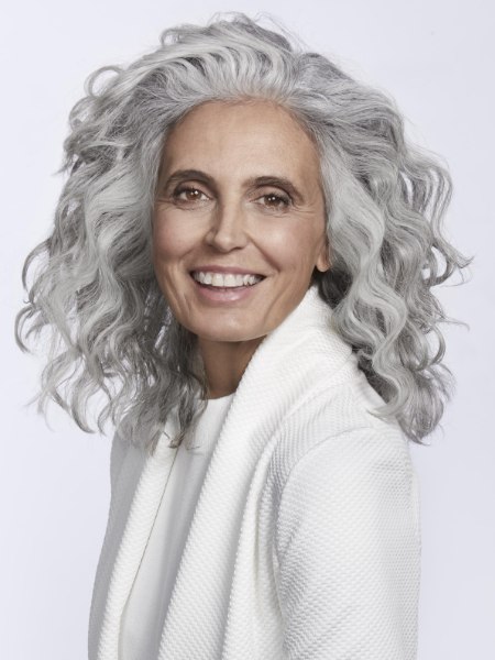 Long gray hair with permanent waves