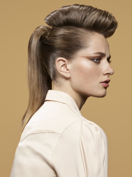 Ponytail and slicked-back hair styling
