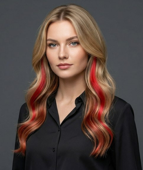 Long, blonde hair with red and orange streaks