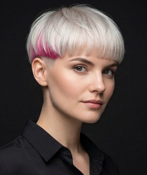 Blonde bowl cut with a pink accent color
