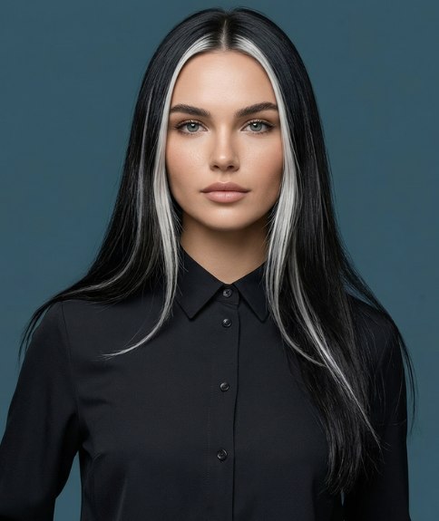 Long, black hair with white streaks