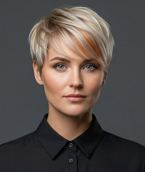 Blonde pixie cut with a copper accent color