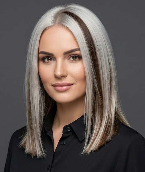 Long grey hair with brown streaks