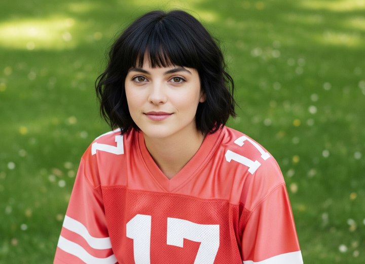 Black above-the-shoulders bob with bangs