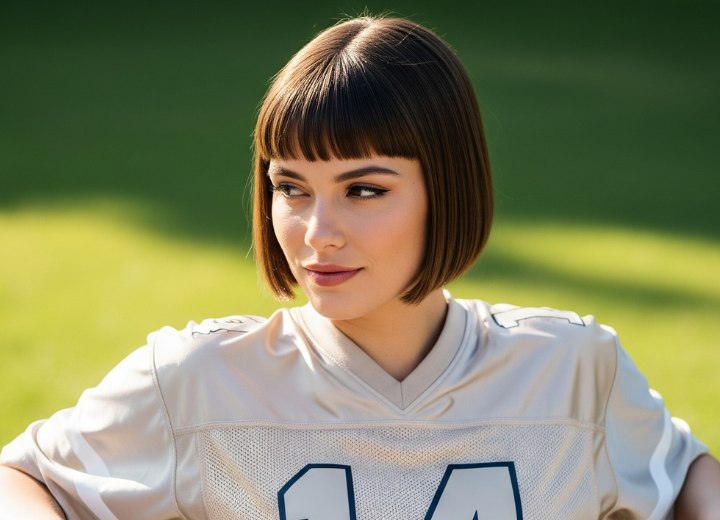 Geometric jaw-length bob with bangs