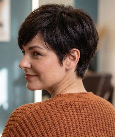 Comfortable short hairstyle with an angled fringe