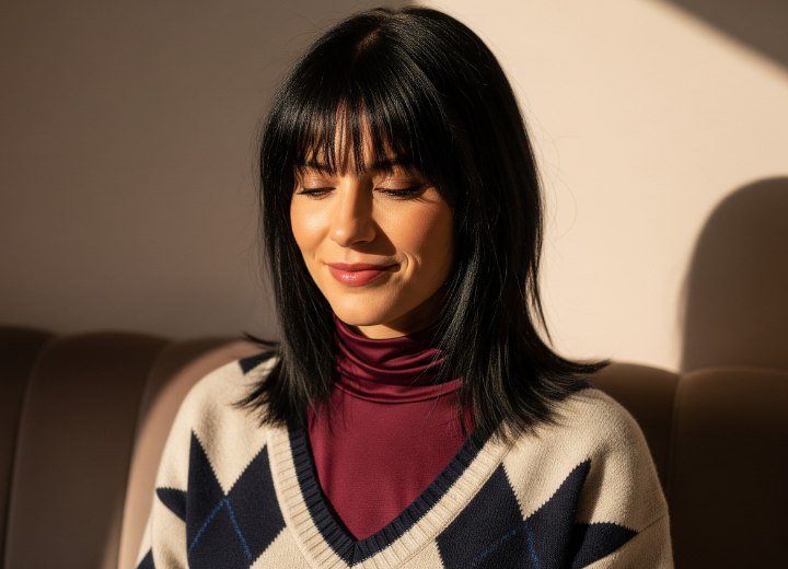 Glossy shoulder-length black hair for autumn