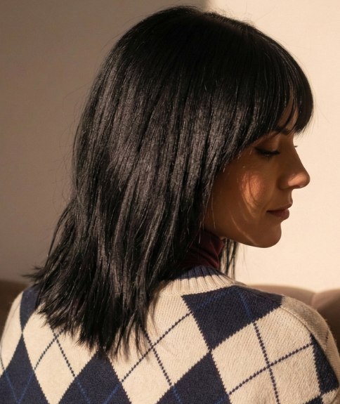 Modern shoulder-length hair with a fringe