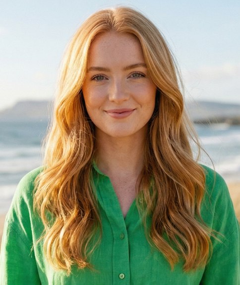 Long, strawberry blonde hair with natural waves