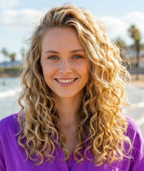 Beach look with long blonde hair and spiral curls