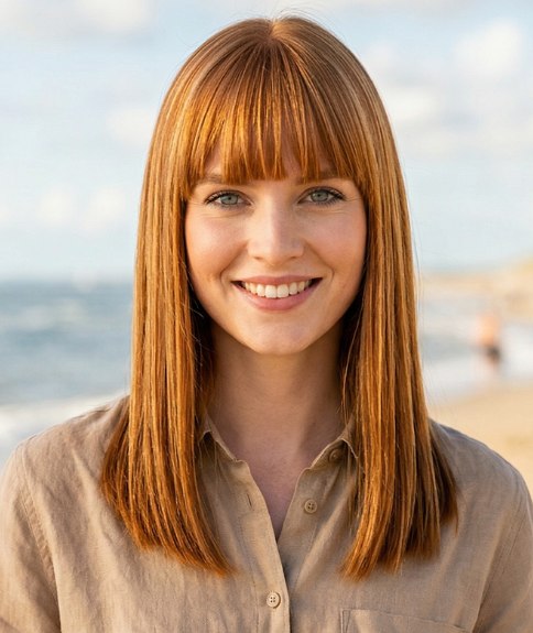 Beach look with straight, just below the shoulders hair and a fringe