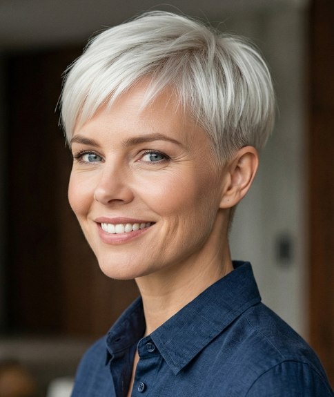 Sleek silver-white pixie cut