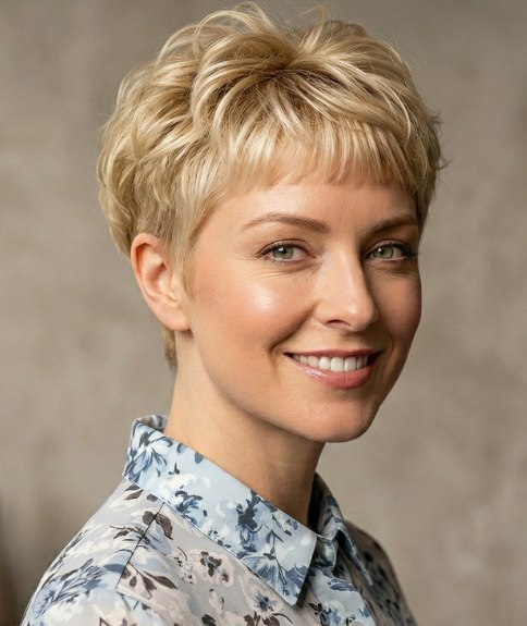 Blonde pixie with a playfully undone finish