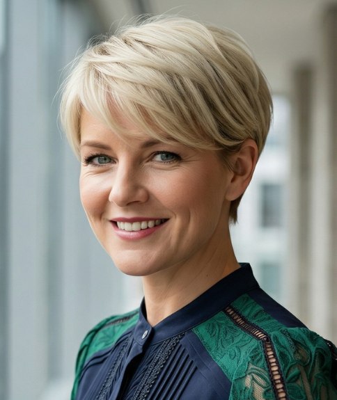 Modern blonde pixie with a short nape section