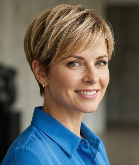 Low-maintenance blonde pixie cut