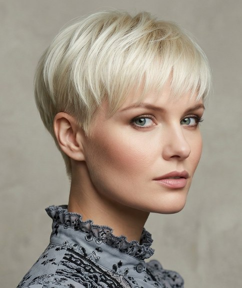 Blonde bowl-shaped pixie cut
