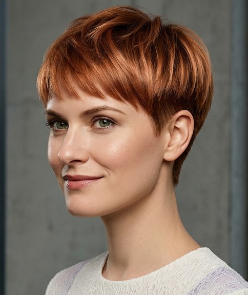 Copper-blonde bowl-shaped pixie cut