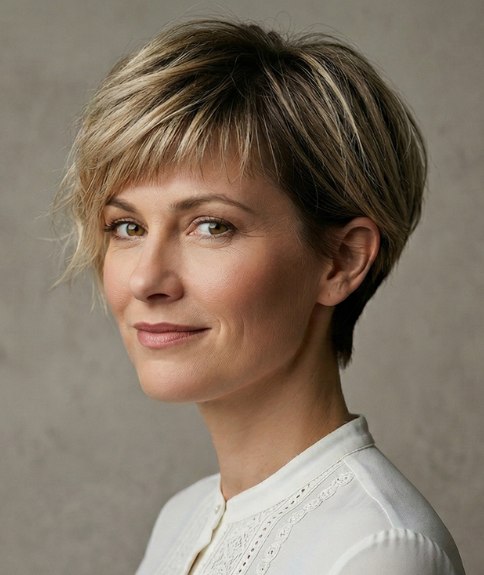 Tousled pixie cut with a long side-swept fringe
