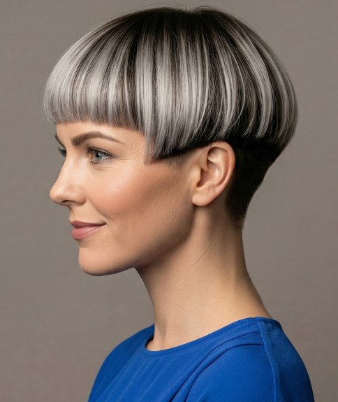 Short platinum hair with dark roots