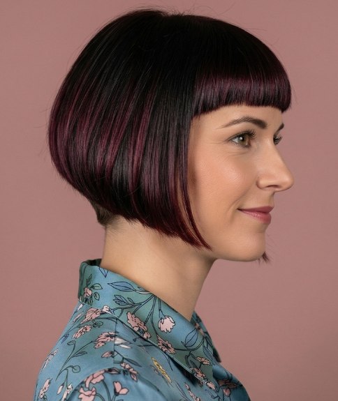 Short, graduated bob with blunt bangs
