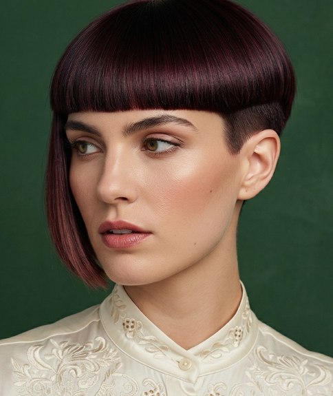 Short, asymmetrical haircut with blunt bangs