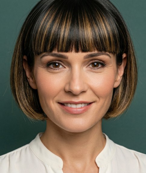Jaw length bob with a blunt fringe