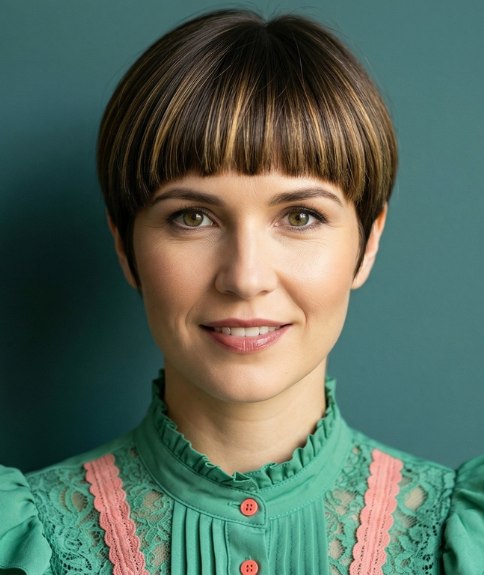 Pixie cut with a straight, blunt fringe