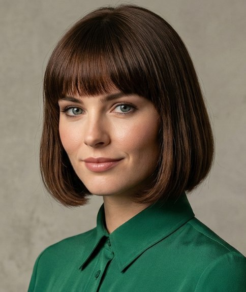 Sleek brunette bob with a fringe
