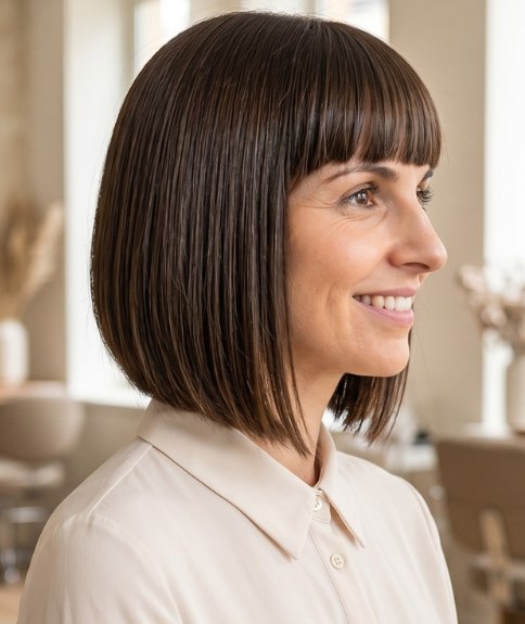 Neck-length bob with a full, straight fringe